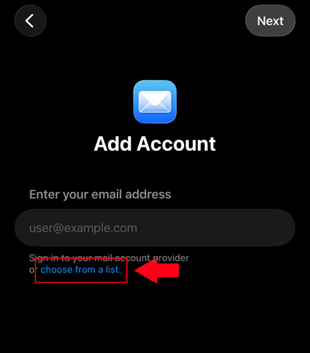 iPhone 添加账户界面,已标出「从列表中选取」链接