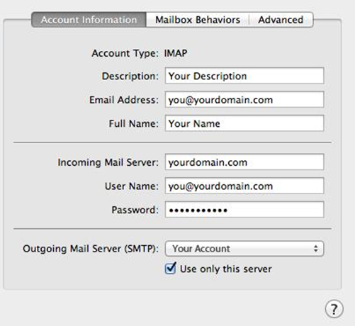 账户信息面板,显示 IMAP 收件和发件服务器设置